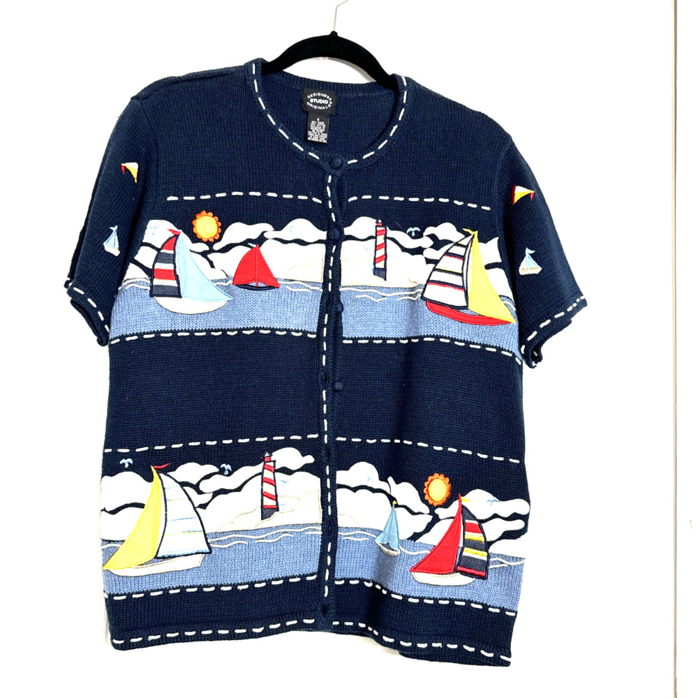 VTG Designers Studio Originals S/S Navy Blue Sweater Nautical Theme Sailboats S